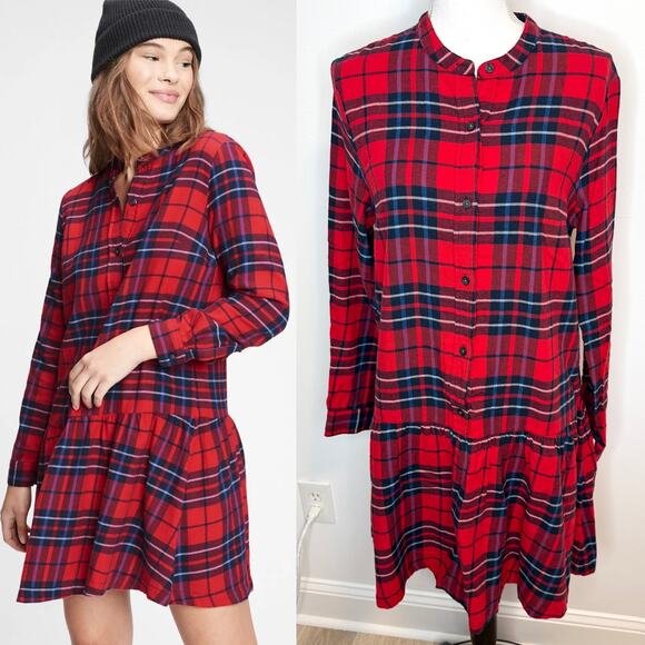 GAP Plaid Flannel Tiered Skirt Shirt Dress In Red Size Medium Tall - Picture 1 of 11